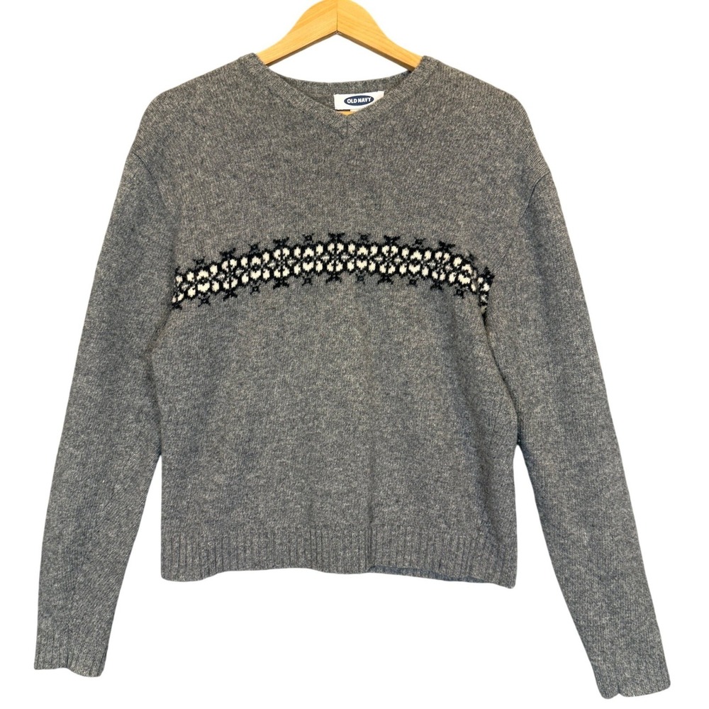 Old Navy Sweater Lambswool V-Neck Mens Fair Isle Snowflake Medium Grey